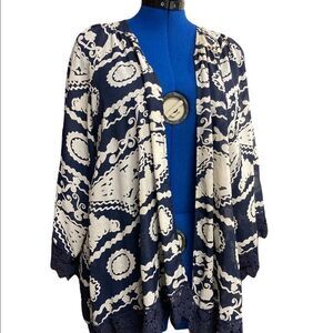 EN CREME,‎ Blue & White, Kaftan/Cardigan, crochet lace, Size L, Oversized
